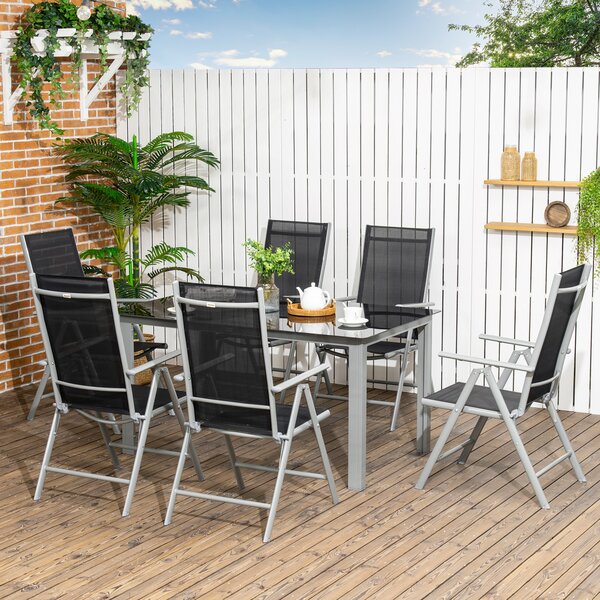 Outsunny 7 Piece Garden Dining Set, Outdoor Table & 6 Reclining Chairs with Breathable Mesh Seats, Tempered Glass Top Patio Furniture Set Aosom UK