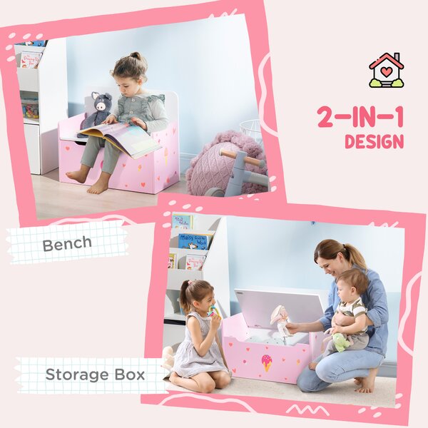 ZONEKIZ Dual-Purpose Toy Chest: Wooden Storage Bench with Safety Mechanism, Pretty in Pink Aosom UK