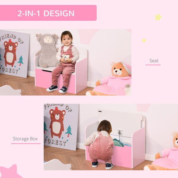 HOMCOM Kids Wooden Toy Storage Chest Chair 2 in 1 Design with Gas Stay Bar Safety Hinges Lid 60 x 30 x 50cm Pink Aosom UK