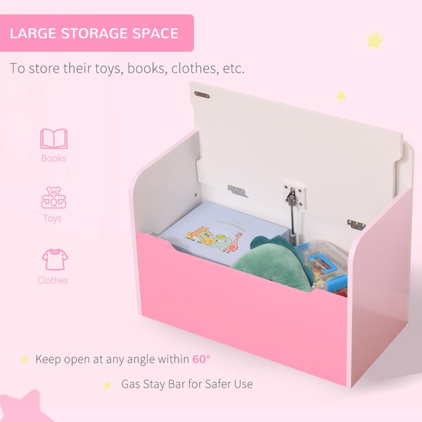HOMCOM Kids Wooden Toy Storage Chest Chair 2 in 1 Design with Gas Stay Bar Safety Hinges Lid 60 x 30 x 50cm Pink Aosom UK