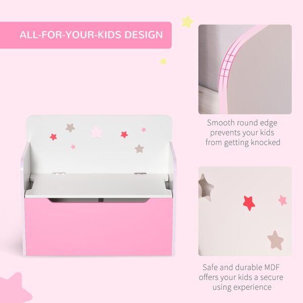 HOMCOM Kids Wooden Toy Storage Chest Chair 2 in 1 Design with Gas Stay Bar Safety Hinges Lid 60 x 30 x 50cm Pink Aosom UK