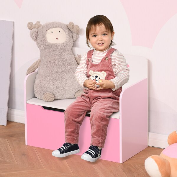 HOMCOM Kids Wooden Toy Storage Chest Chair 2 in 1 Design with Gas Stay Bar Safety Hinges Lid 60 x 30 x 50cm Pink Aosom UK