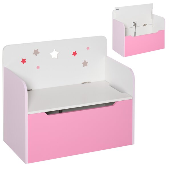 HOMCOM Kids Wooden Toy Storage Chest Chair 2 in 1 Design with Gas Stay Bar Safety Hinges Lid 60 x 30 x 50cm Pink Aosom UK