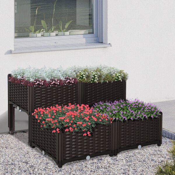Outsunny Set of 4 Garden Raised Bed Elevated Patio Flower Plant Planter Box PP Vegetables Planting Container, Brown