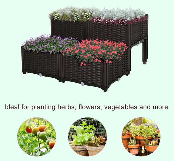 Outsunny Set of 4 Garden Raised Bed Elevated Patio Flower Plant Planter Box PP Vegetables Planting Container, Brown