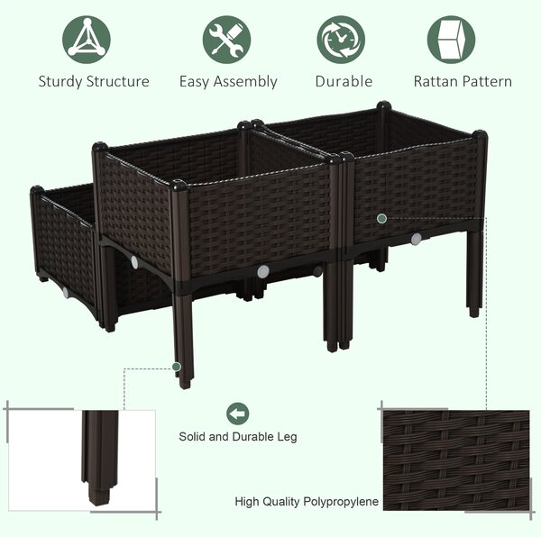 Outsunny Set of 4 Garden Raised Bed Elevated Patio Flower Plant Planter Box PP Vegetables Planting Container, Brown