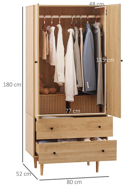 HOMCOM Wardrobe with 2 Doors, 2 Drawers, Hanging Rail for Bedroom Clothes Storage Organiser, 80x52x180cm, Natural Tone
