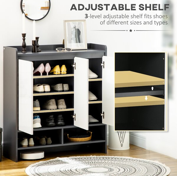 HOMCOM High Gloss Grey Shoe Cabinet, White Doors, Open Shelves, Hallway Storage Organizer for 24 Pairs Aosom UK