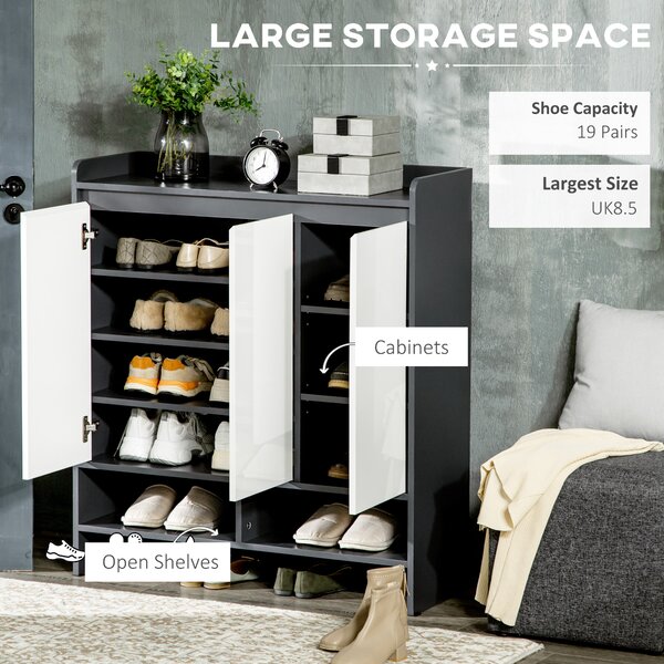 HOMCOM High Gloss Grey Shoe Cabinet, White Doors, Open Shelves, Hallway Storage Organizer for 24 Pairs Aosom UK