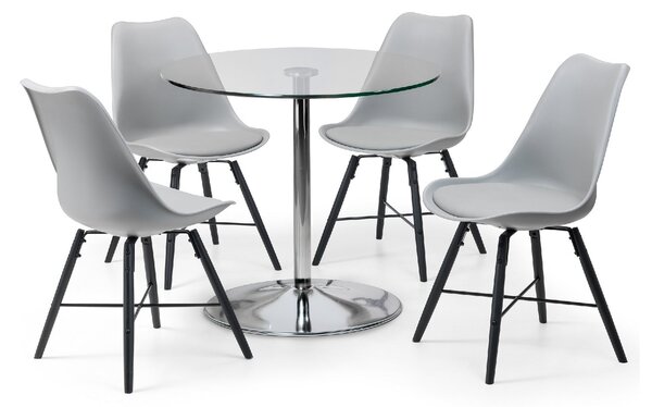 Kudos Round Pedestal Glass Top Dining Table with 4 Kari Chairs, Chrome