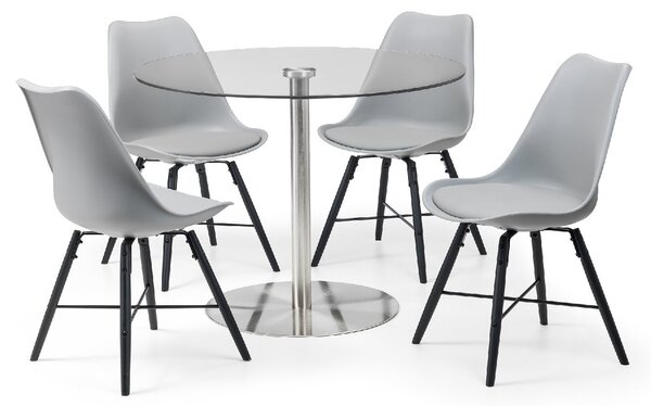 Milan Round Glass Top Dining Table with 4 Kari Chairs, Chrome