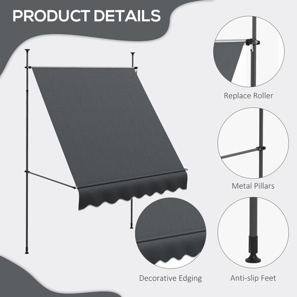 Outsunny 2 x 1.2m Retractable Awning, Free Standing Patio Sun Shade Shelter, UV Resistant, for Window and Door, Dark Grey Aosom UK