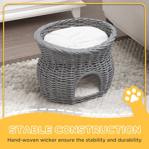 PawHut Wicker Cat House, 2-Tier Elevated Pet Bed Basket, Willow Kitten Tower with Washable Cushions, 56x37x40cm, Grey Aosom UK
