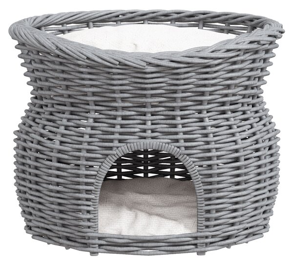 PawHut Wicker Cat House, 2-Tier Elevated Pet Bed Basket, Willow Kitten Tower with Washable Cushions, 56x37x40cm, Grey Aosom UK