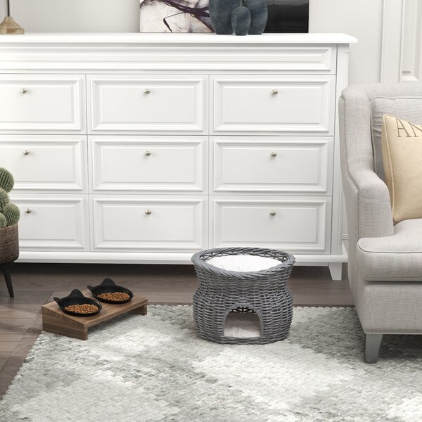 PawHut Wicker Cat House, 2-Tier Elevated Pet Bed Basket, Willow Kitten Tower with Washable Cushions, 56x37x40cm, Grey Aosom UK