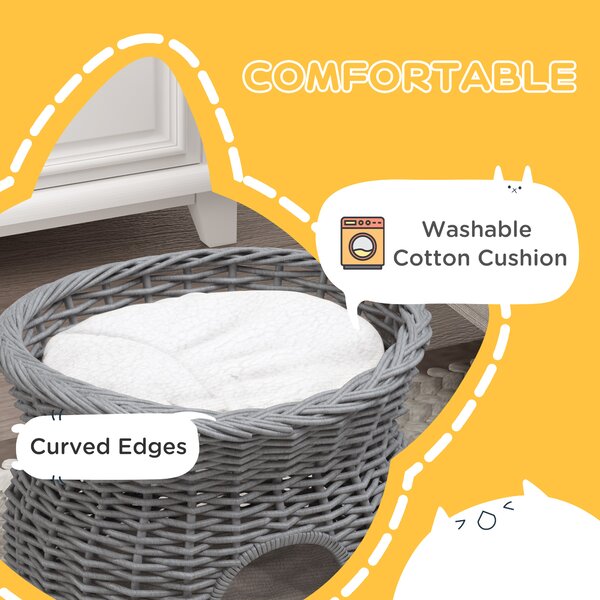PawHut Wicker Cat House, 2-Tier Elevated Pet Bed Basket, Willow Kitten Tower with Washable Cushions, 56x37x40cm, Grey Aosom UK