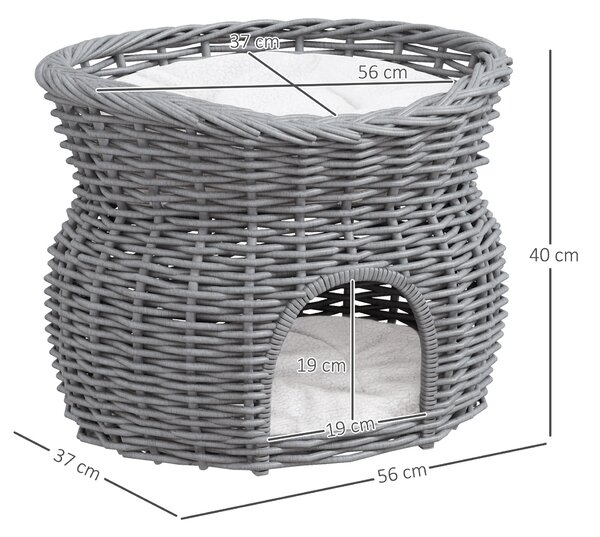 PawHut Wicker Cat House, 2-Tier Elevated Pet Bed Basket, Willow Kitten Tower with Washable Cushions, 56x37x40cm, Grey Aosom UK