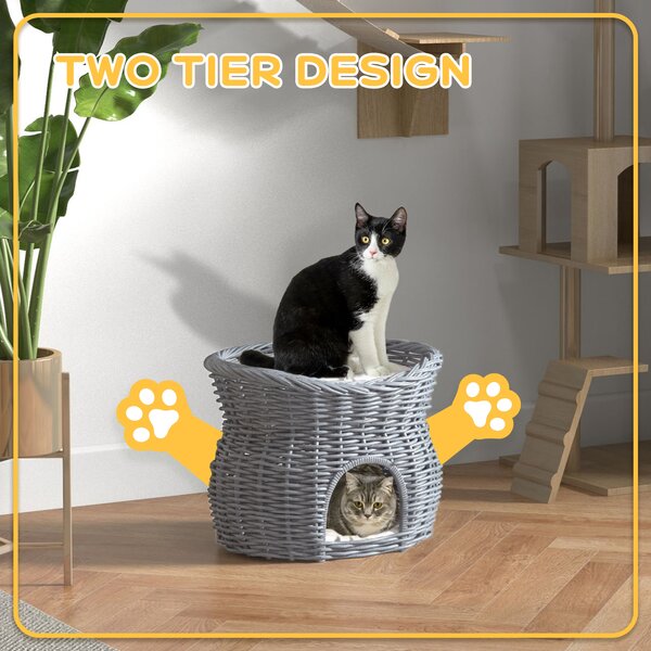 PawHut Wicker Cat House, 2-Tier Elevated Pet Bed Basket, Willow Kitten Tower with Washable Cushions, 56x37x40cm, Grey Aosom UK