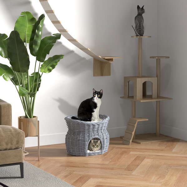 PawHut Wicker Cat House, 2-Tier Elevated Pet Bed Basket, Willow Kitten Tower with Washable Cushions, 56x37x40cm, Grey Aosom UK