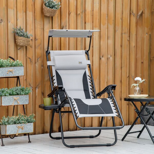 Outsunny Zero Gravity Garden Loungers, Folding Reclining Patio Chair with Shade Cover, Cup Holder and Headrest for Poolside, Camping, Grey Aosom UK