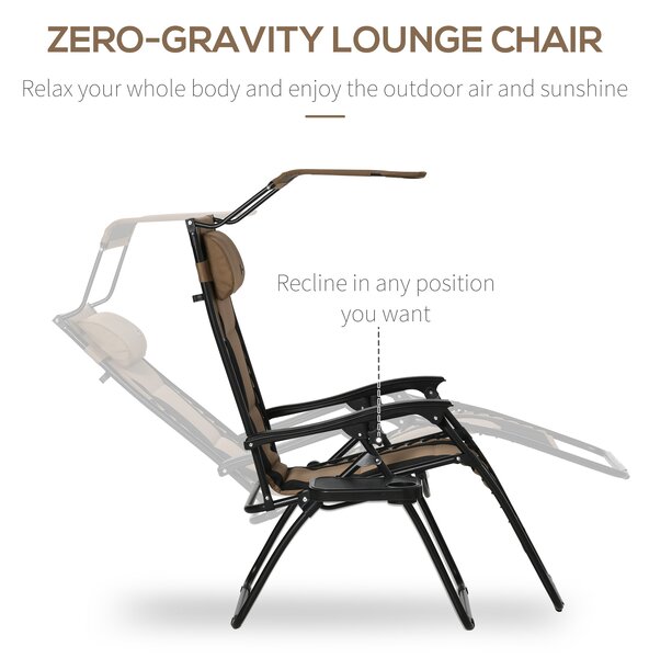 Outsunny Zero Gravity Recliner Chair, Foldable Patio Lounger with Sunshade, Drink Holder & Cushion for Outdoor, Camping, Brown