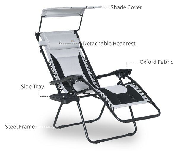 Outsunny Zero Gravity Garden Loungers, Folding Reclining Patio Chair with Shade Cover, Cup Holder and Headrest for Poolside, Camping, Grey Aosom UK
