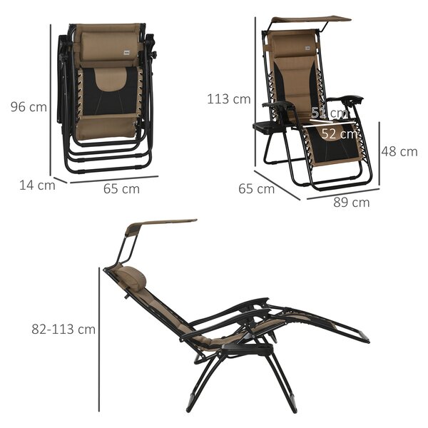 Outsunny Zero Gravity Recliner Chair, Foldable Patio Lounger with Sunshade, Drink Holder & Cushion for Outdoor, Camping, Brown