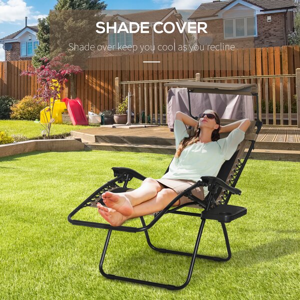 Outsunny Zero Gravity Recliner Chair, Foldable Patio Lounger with Sunshade, Drink Holder & Cushion for Outdoor, Camping, Brown
