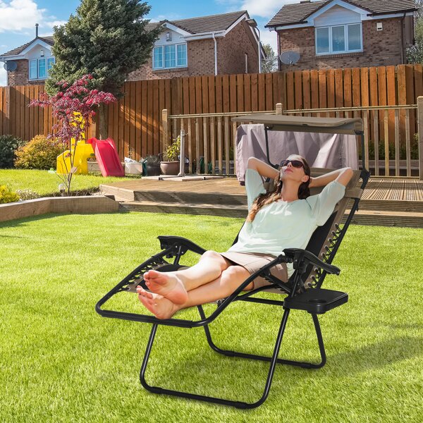 Outsunny Zero Gravity Recliner Chair, Foldable Patio Lounger with Sunshade, Drink Holder & Cushion for Outdoor, Camping, Brown