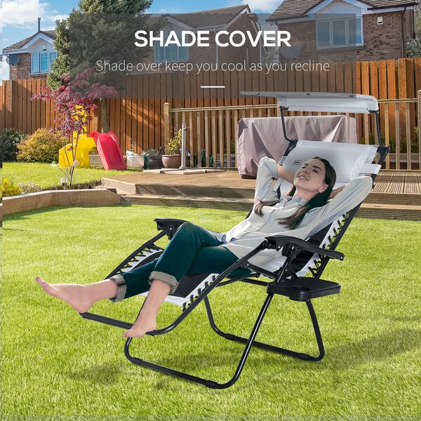 Outsunny Zero Gravity Garden Loungers, Folding Reclining Patio Chair with Shade Cover, Cup Holder and Headrest for Poolside, Camping, Grey Aosom UK