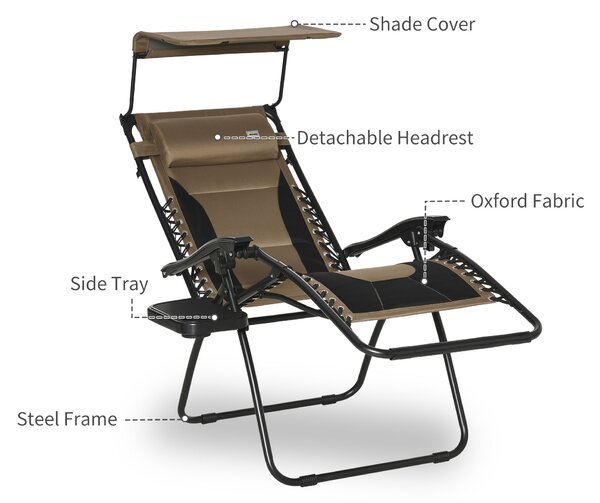 Outsunny Zero Gravity Recliner Chair, Foldable Patio Lounger with Sunshade, Drink Holder & Cushion for Outdoor, Camping, Brown