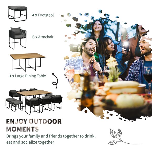 Outsunny Patio 11 PCs PE Rattan Dining Set, Garden Round Wicker 10-seater Table & Chair Sets, with Wood Grain Plastic Top, Space-saving Design Black