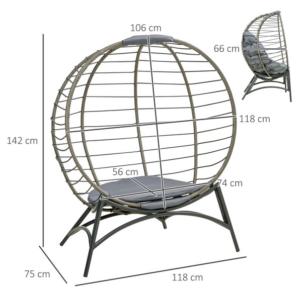 Outsunny Folding Rattan Egg Chair, Freestanding Basket Chair with Cushion, Bottle Holder Bag for Outdoor or Indoor, Grey and Black