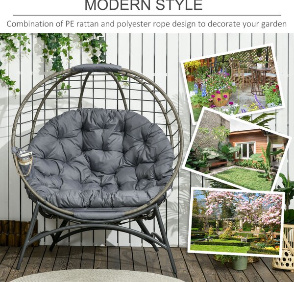 Outsunny Folding Rattan Egg Chair, Freestanding Basket Chair with Cushion, Bottle Holder Bag for Outdoor or Indoor, Grey and Black