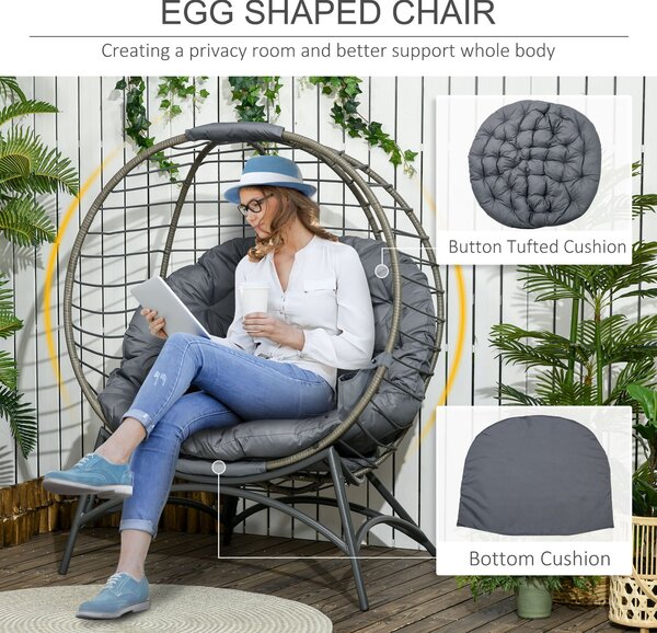 Outsunny Folding Rattan Egg Chair, Freestanding Basket Chair with Cushion, Bottle Holder Bag for Outdoor or Indoor, Grey and Black