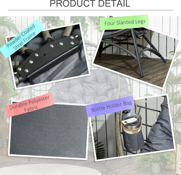 Outsunny Folding Rattan Egg Chair, Freestanding Basket Chair with Cushion, Bottle Holder Bag for Outdoor or Indoor, Grey and Black