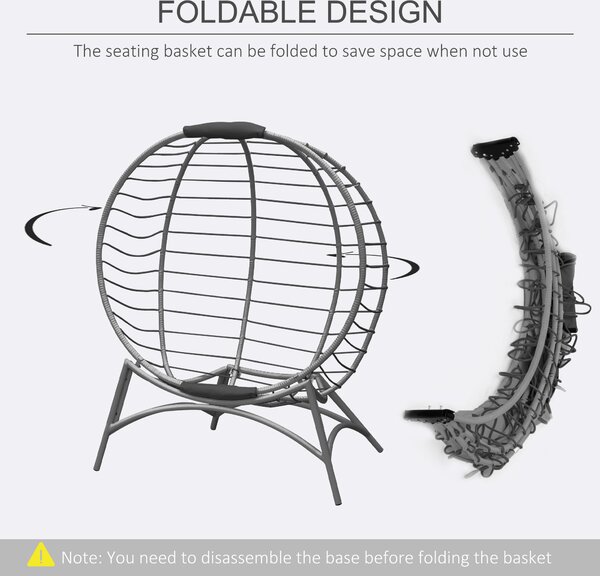 Outsunny Folding Rattan Egg Chair, Freestanding Basket Chair with Cushion, Bottle Holder Bag for Outdoor or Indoor, Grey and Black