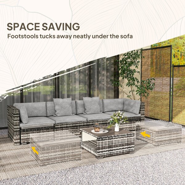 Outsunny 7-Piece Rattan Patio Furniture Set with Sofa, Footstools, Coffee Table, Side Shelves, Cushions, Pillows, Mixed Grey