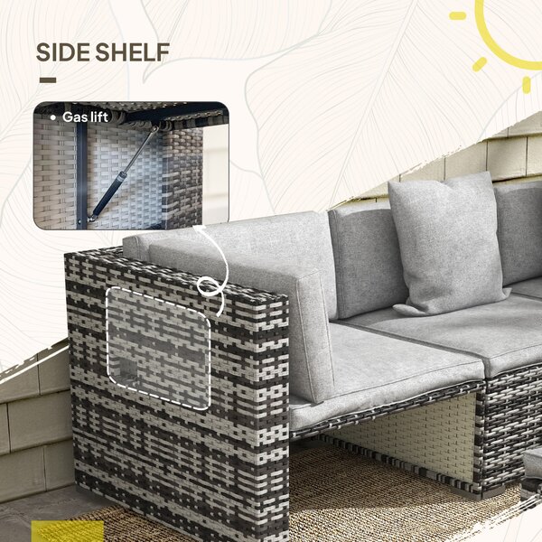 Outsunny 7-Piece Rattan Patio Furniture Set with Sofa, Footstools, Coffee Table, Side Shelves, Cushions, Pillows, Mixed Grey