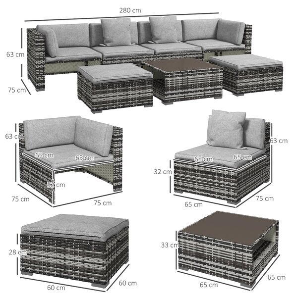 Outsunny 7-Piece Rattan Patio Furniture Set with Sofa, Footstools, Coffee Table, Side Shelves, Cushions, Pillows, Mixed Grey
