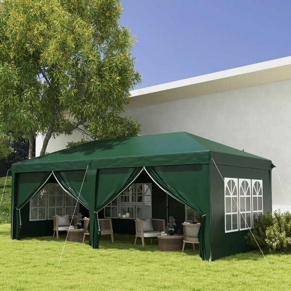 Outsunny 3 x 6m Pop Up Gazebo with Sides, Waterproof Marquee Party Tent with Drainage Holes, Dark Green Aosom UK