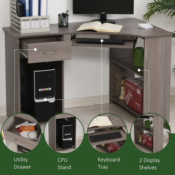 HOMCOM L-Shaped Corner Computer Desk w/ 2 Shelves Wide Worktop Keyboard Tray Drawer & CPU Stand Home Office Study Bedroom Furniture Grey Aosom UK