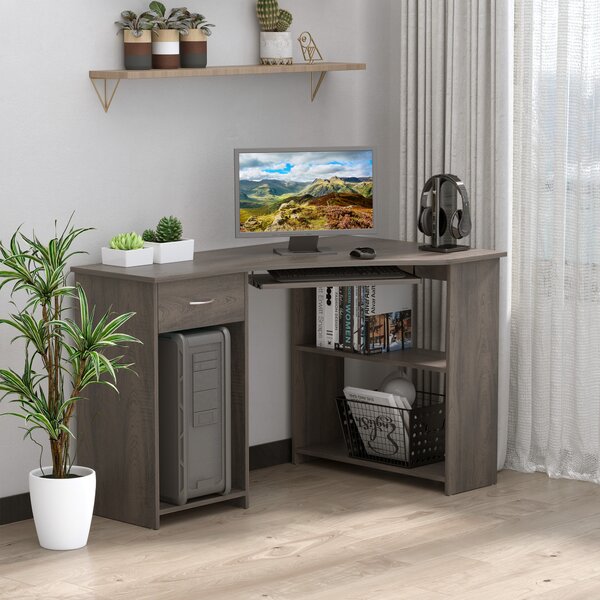 HOMCOM L-Shaped Corner Computer Desk w/ 2 Shelves Wide Worktop Keyboard Tray Drawer & CPU Stand Home Office Study Bedroom Furniture Grey Aosom UK