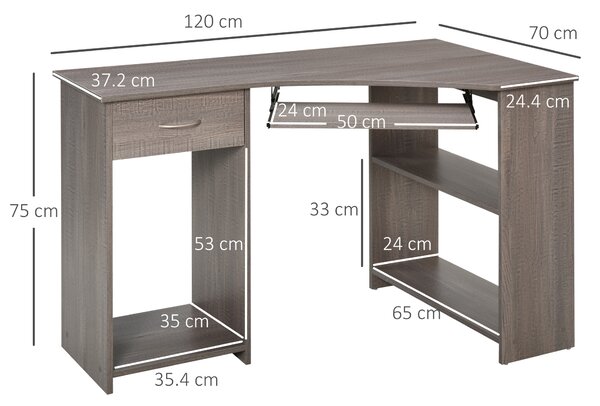 HOMCOM L-Shaped Corner Computer Desk w/ 2 Shelves Wide Worktop Keyboard Tray Drawer & CPU Stand Home Office Study Bedroom Furniture Grey Aosom UK