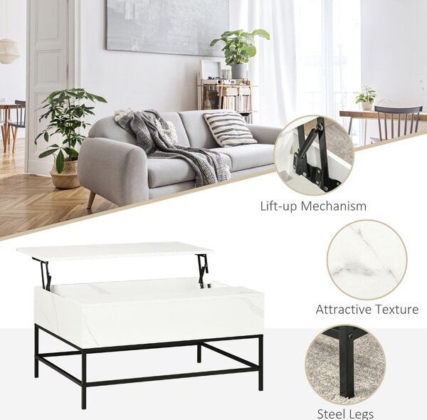 HOMCOM Modern Lifting Coffee Table with Hidden Compartment, Storage Coffee Table for Living Room, Faux Marble White