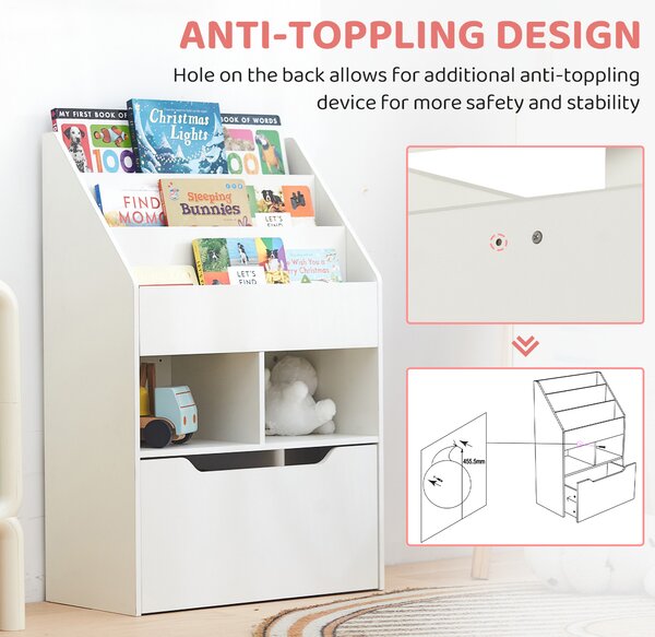 HOMCOM Kids' Bookshelf: Children's Storage Unit with Toy Drawer & Wheels, Room Organiser, White Aosom UK