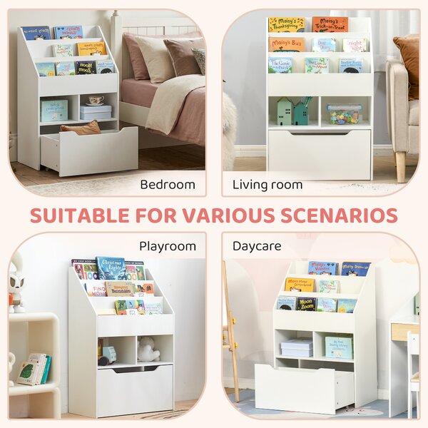 HOMCOM Kids' Bookshelf: Children's Storage Unit with Toy Drawer & Wheels, Room Organiser, White Aosom UK