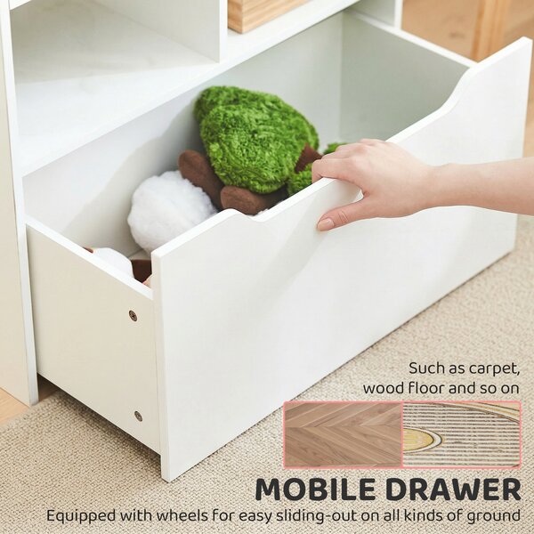 HOMCOM Kids' Bookshelf: Children's Storage Unit with Toy Drawer & Wheels, Room Organiser, White Aosom UK