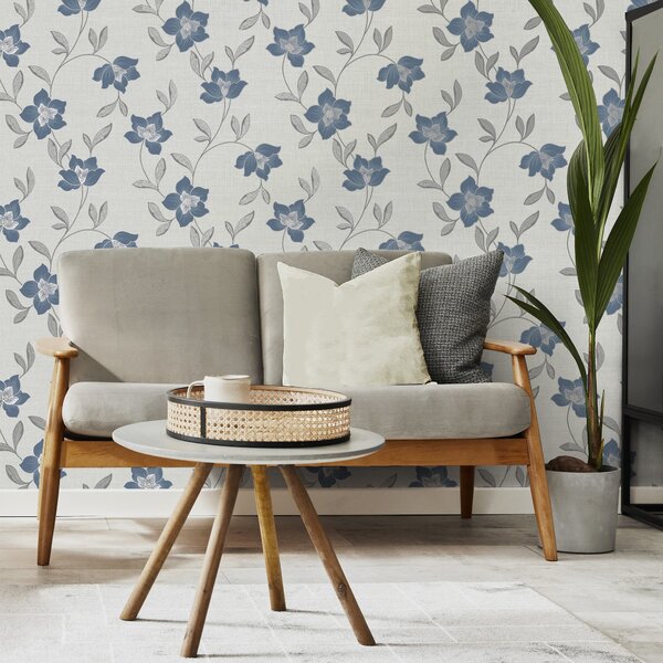 Larson Floral Navy Silver Wallpaper