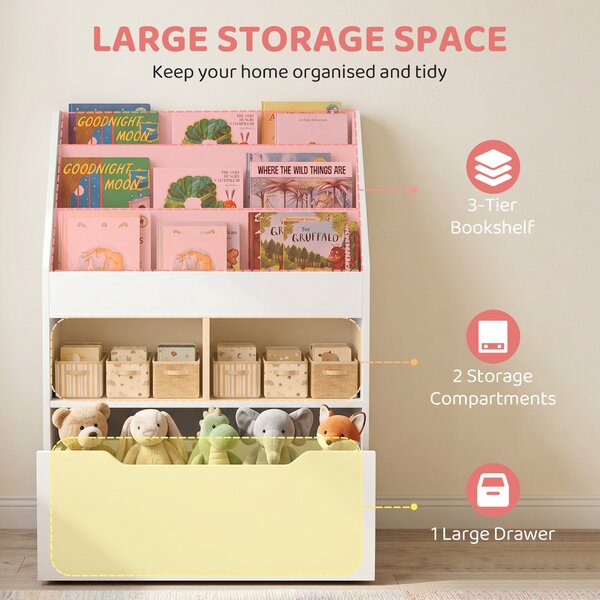 HOMCOM Kids' Bookshelf: Children's Storage Unit with Toy Drawer & Wheels, Room Organiser, White Aosom UK